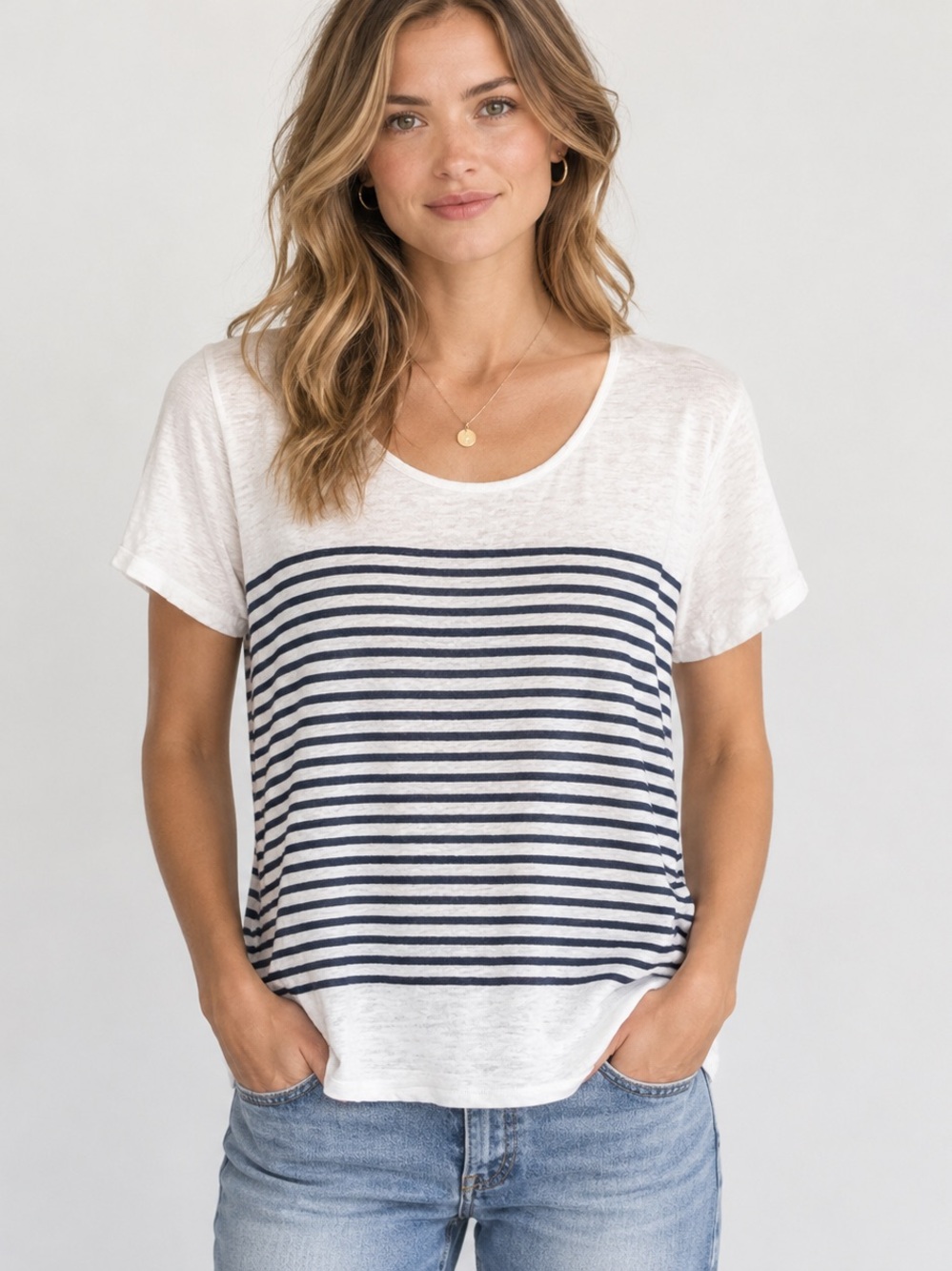 Massimo Dutti 100% Linen Striped Split Back Top
